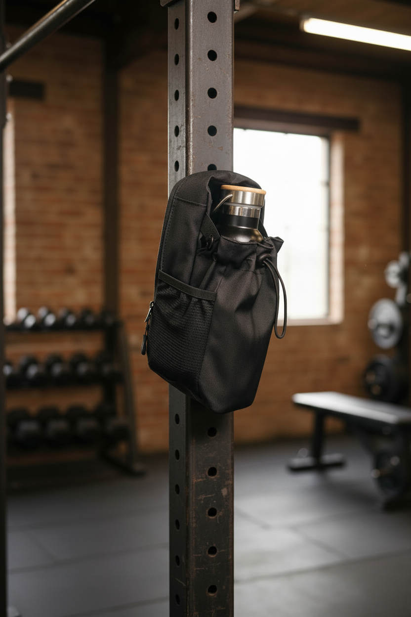 Väska magnetiskt fäst på metallpelare i rustikt gym