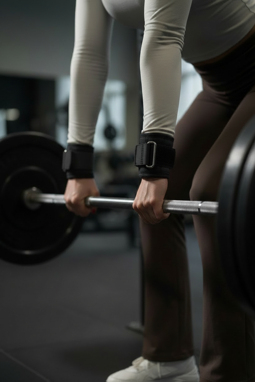 Woman deadlift with metal buckle wrist straps